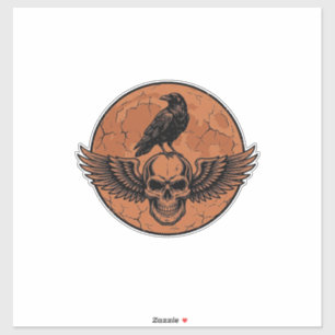Vintage Raven Winged Skull Orange Moon Vector Desi