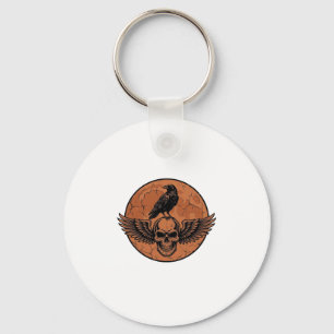 Vintage Raven Winged Skull Orange Moon Vector Desi Keychain
