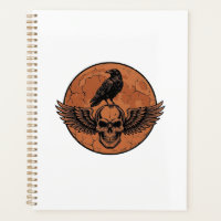 Vintage Raven Winged Skull Orange Moon Vector Desi