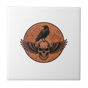 Vintage Raven Winged Skull Orange Moon Vector Desi Tile