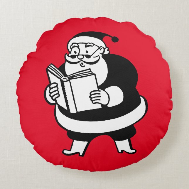 Vintage Reading Santa On Christmas Red Round Pillow (Front)
