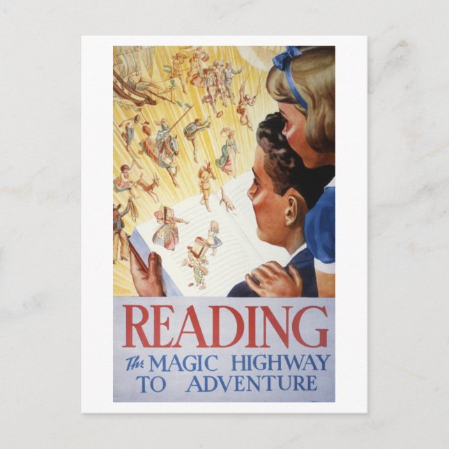 Vintage "Reading: The Magic Highway to Adventure" Postcard (Front)