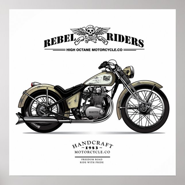 Vintage Rebel Riders Chopper Motorcycle Poster (Front)