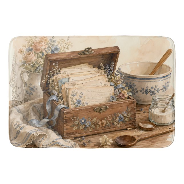 Vintage Recipe Box Cottage Kitchen Bath Mat (Front)