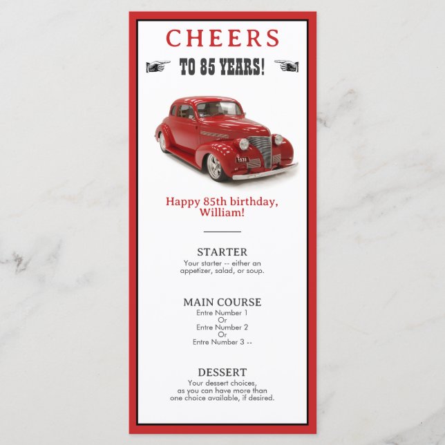 Vintage Red 1939 Coupe 85th Birthday Party Menu (Front)