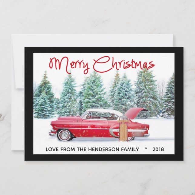 Vintage Red 1950's Chevy Merry Christmas Holiday Card (Front)
