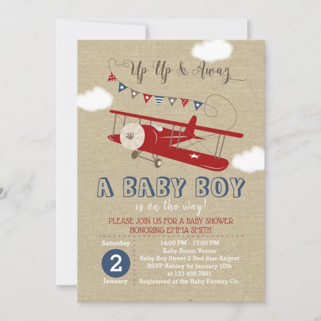 Vintage Red Airplane Baby Shower Invitation (Front)