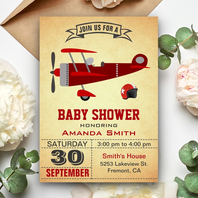 Vintage Red Airplane Baby Shower Invitation (Creator Uploaded)