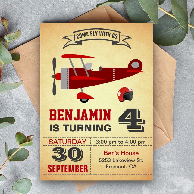Vintage Red Airplane Birthday Party Invitation (Creator Uploaded)