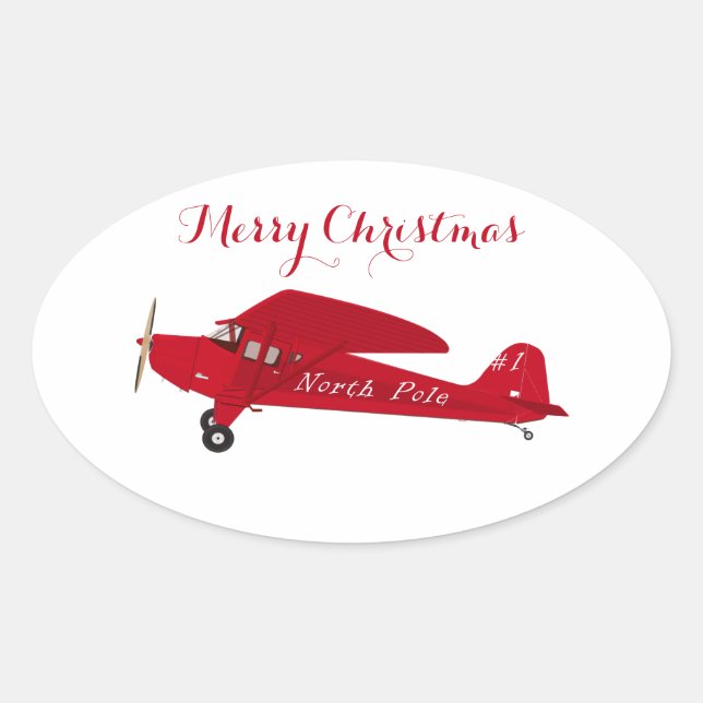 Vintage Red Airplane Merry Christmas Gift Stickers (Front)