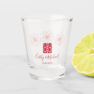 Vintage red and beige floral Chinese wedding Shot Glass