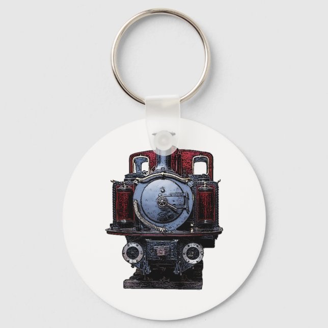 Vintage Red and Blue Train Locomotive Drawing Keychain (Front)