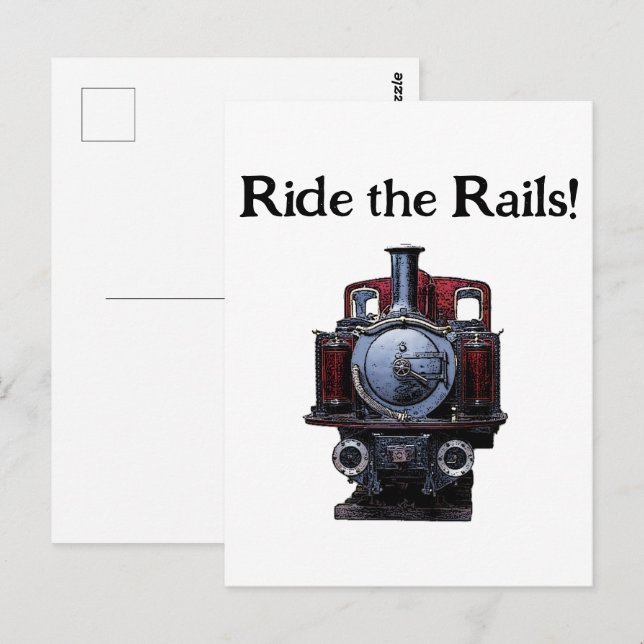 Vintage Red and Blue Train Locomotive Drawing Postcard (Front/Back)