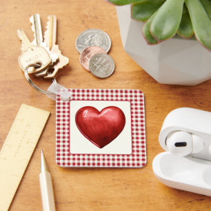 Vintage Red and Cream Gingham With Heart Keychain