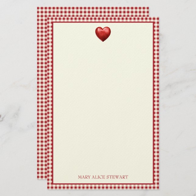 Vintage Red and Cream Gingham With Heart Stationery (Front/Back)