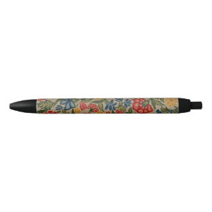 Vintage Red and Gold Crewel Floral Pattern Black Ink Pen
