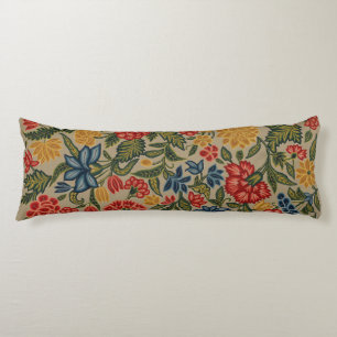 Vintage Red and Gold Crewel Floral Pattern Body Pillow