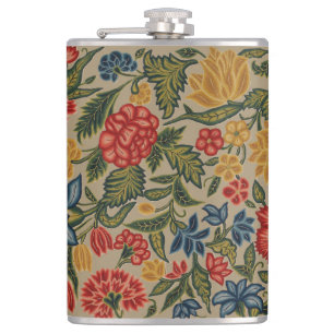 Vintage Red and Gold Crewel Floral Pattern Hip Flask