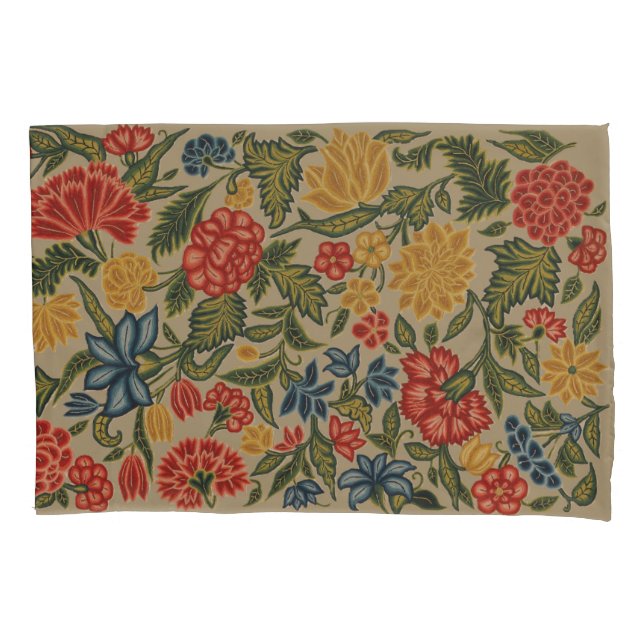 Vintage Red and Gold Crewel Floral Pattern Pillowcase (Front)