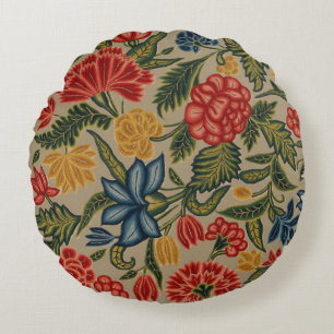 Vintage Red and Gold Crewel Floral Pattern Round Pillow