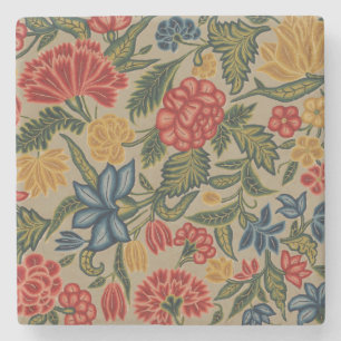Vintage Red and Gold Crewel Floral Pattern Stone Coaster