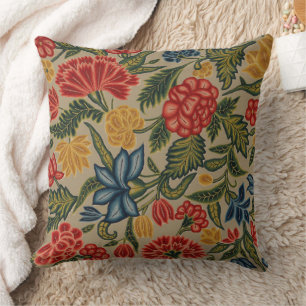 Vintage Red and Gold Crewel Floral Pattern Throw Pillow