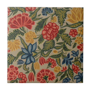 Vintage Red and Gold Crewel Floral Pattern Tile