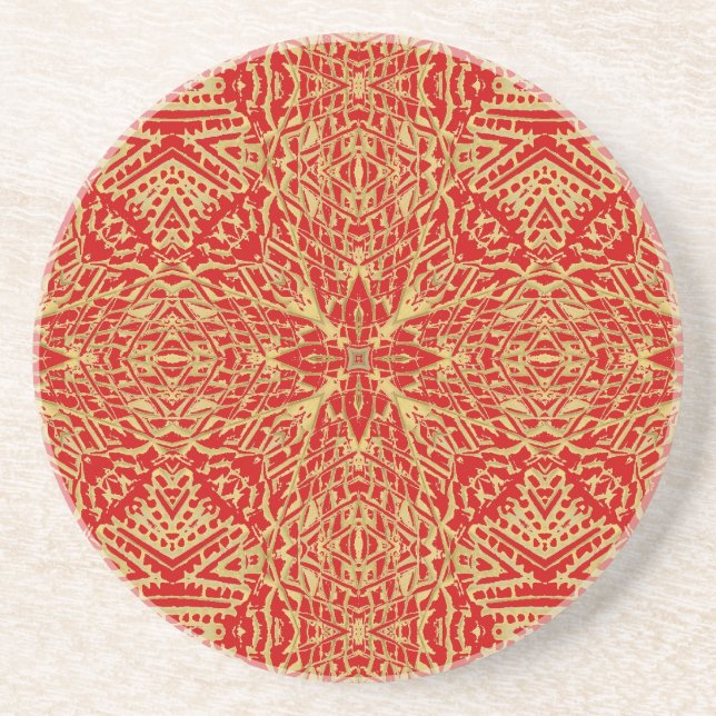 Vintage red and gold geometric pattern  coaster (Front)