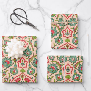 Vintage Red and Green Arabic Floral Pattern Wrapping Paper Sheet