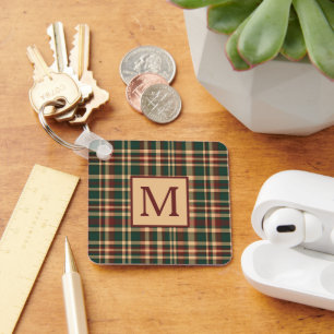 Vintage Red and Green Christmas Plaid Monogram Keychain