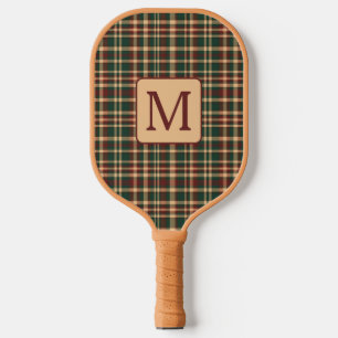Vintage Red and Green Christmas Plaid Monogram Pickleball Paddle