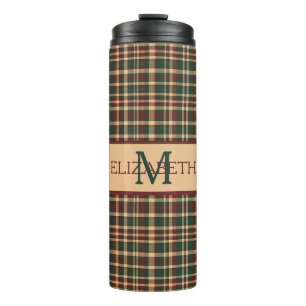 Vintage Red and Green Christmas Plaid Monogram Thermal Tumbler