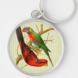 Vintage Red and Green Parrots on Bambo Background Keychain