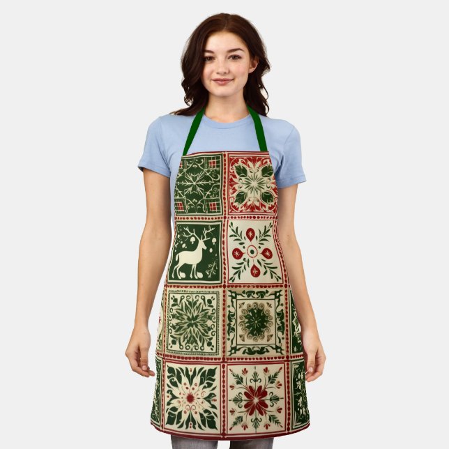 Vintage Red and Green Quilt Squares Christmas Apron (Worn)
