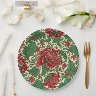 Vintage Red and Green Victorian Floral Wedding Paper Plate