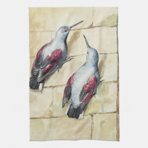 Vintage Red and Grey Bird Watercolor Art Kitchen Towel