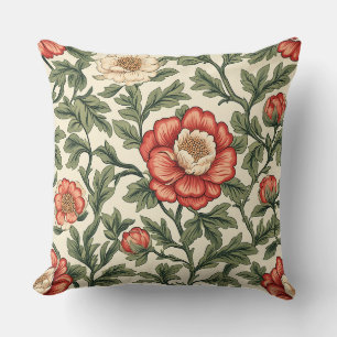Vintage Red and Ivory Peony Floral Throw Pillow