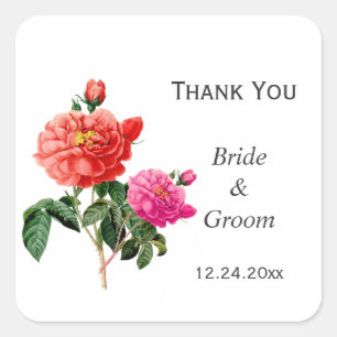 vintage  red and pink rose flowers thank you square sticker