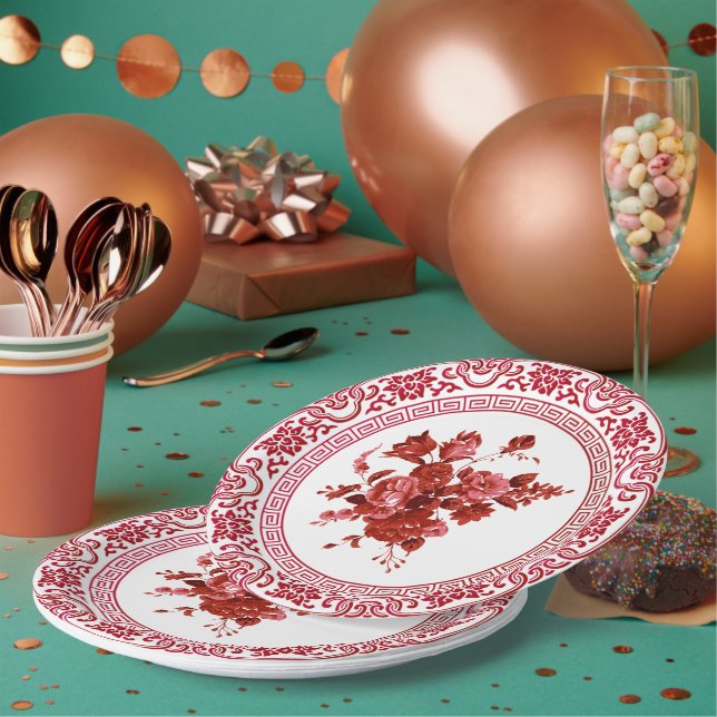 Vintage Red And White Floral  Paper Plate (Multi)