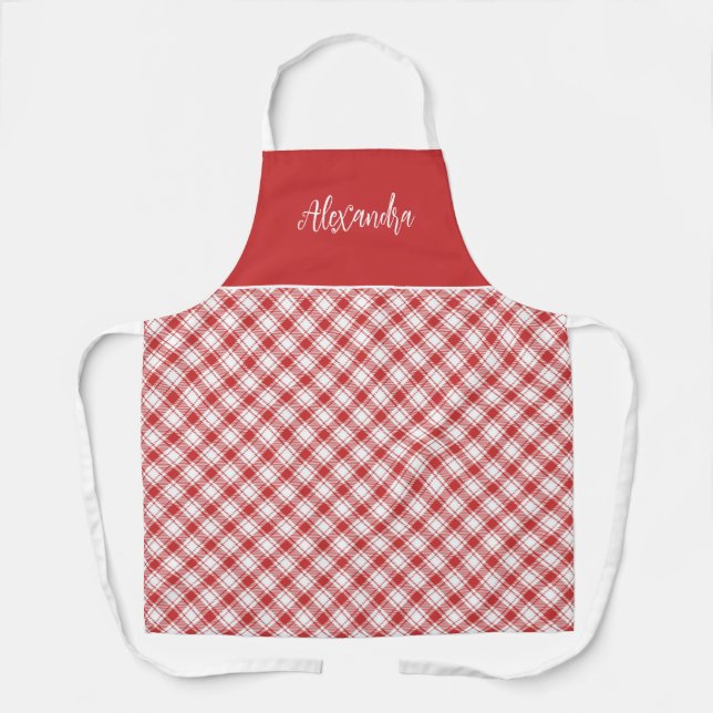 Vintage Red and White Plaid Personalized Kitchen  Apron (Front)