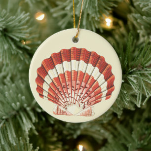 Vintage Red and White Scallop Shell Nautical Art Ceramic Ornament