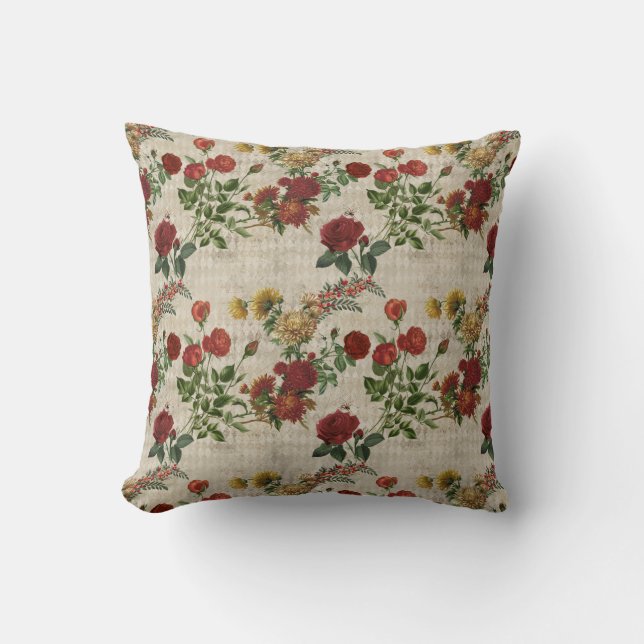 Vintage Red and Yellow Floral Throw Pillow (Front)