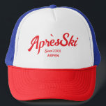 Vintage Red Apres Ski Custom Ski Resort Party Trucker Hat<br><div class="desc">The Vintage Red Après Ski Custom Ski Resort Party Trucker Hat is the perfect blend of retro style and laid-back comfort for your post-slope celebrations. Featuring a bold red design with customizable ski resort details, this hat combines a crisp front panel with a breathable mesh back and an adjustable snapback...</div>