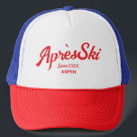 Vintage Red Apres Ski Custom Ski Resort Party Trucker Hat<br><div class="desc">The Vintage Red Après Ski Custom Ski Resort Party Trucker Hat is the perfect blend of retro style and laid-back comfort for your post-slope celebrations. Featuring a bold red design with customizable ski resort details, this hat combines a crisp front panel with a breathable mesh back and an adjustable snapback...</div>