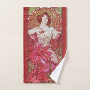 Vintage Red Art Nouveau Alphonse Mucha Ruby Lady Hand Towel