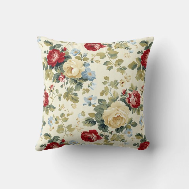 Vintage Red & Beige Elegant Roses Throw Pillow (Back)