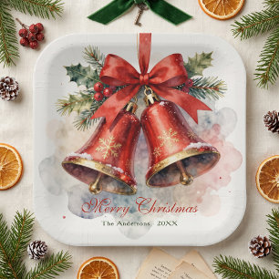 Vintage Red Bells Watercolor Christmas Dinner Paper Plate