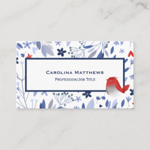 Vintage Red Bird Blue Floral Watercolor Business Card