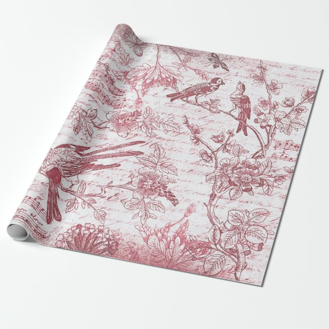 Vintage Red Birds Flowers French Script  Wrapping Paper (Unrolled)