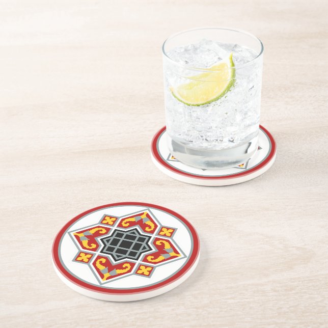 Vintage Red Black Barcelona Tile Geometric Art Coaster (Side)